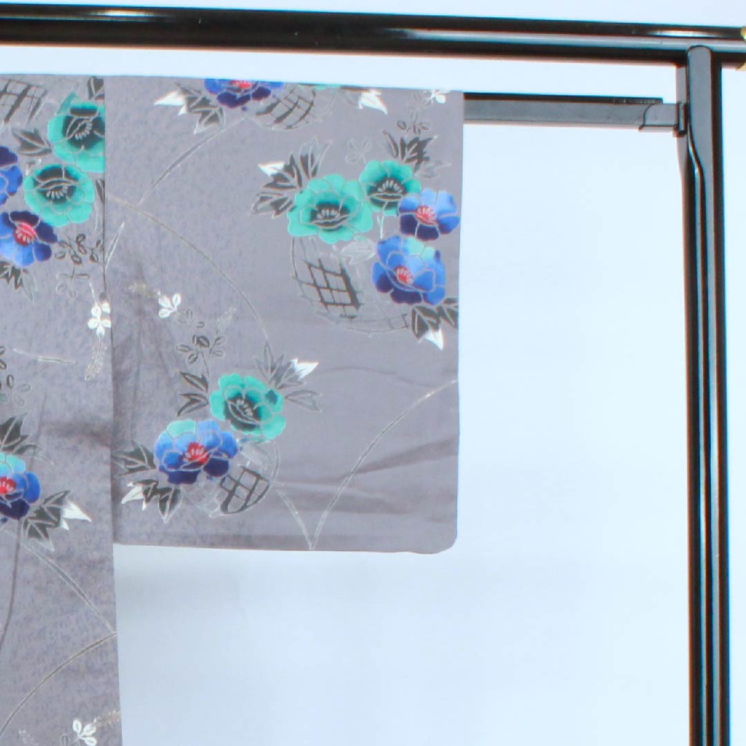 浴衣 鼠志野色 牡丹 萩 木綿 Sランク 単衣 身丈157.5cm 裄丈64.5cm グレー系 1118004082322