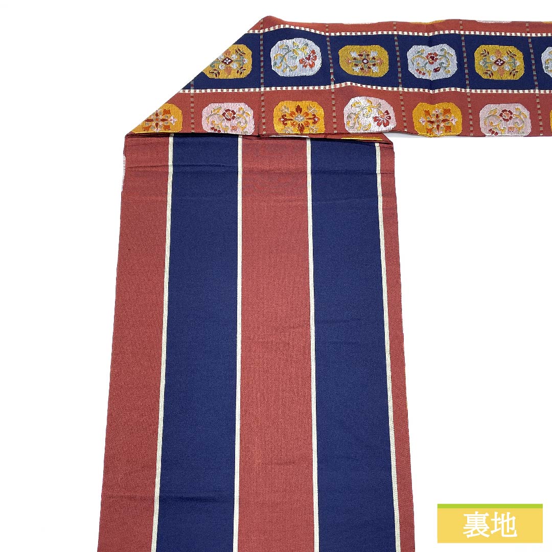 名古屋帯 正絹 蘇芳色(すおういろ) 市松 抽象花模様 帯丈358cm Sランク 六通 カジュアル 茶系 1124006412314 名古屋仕立て