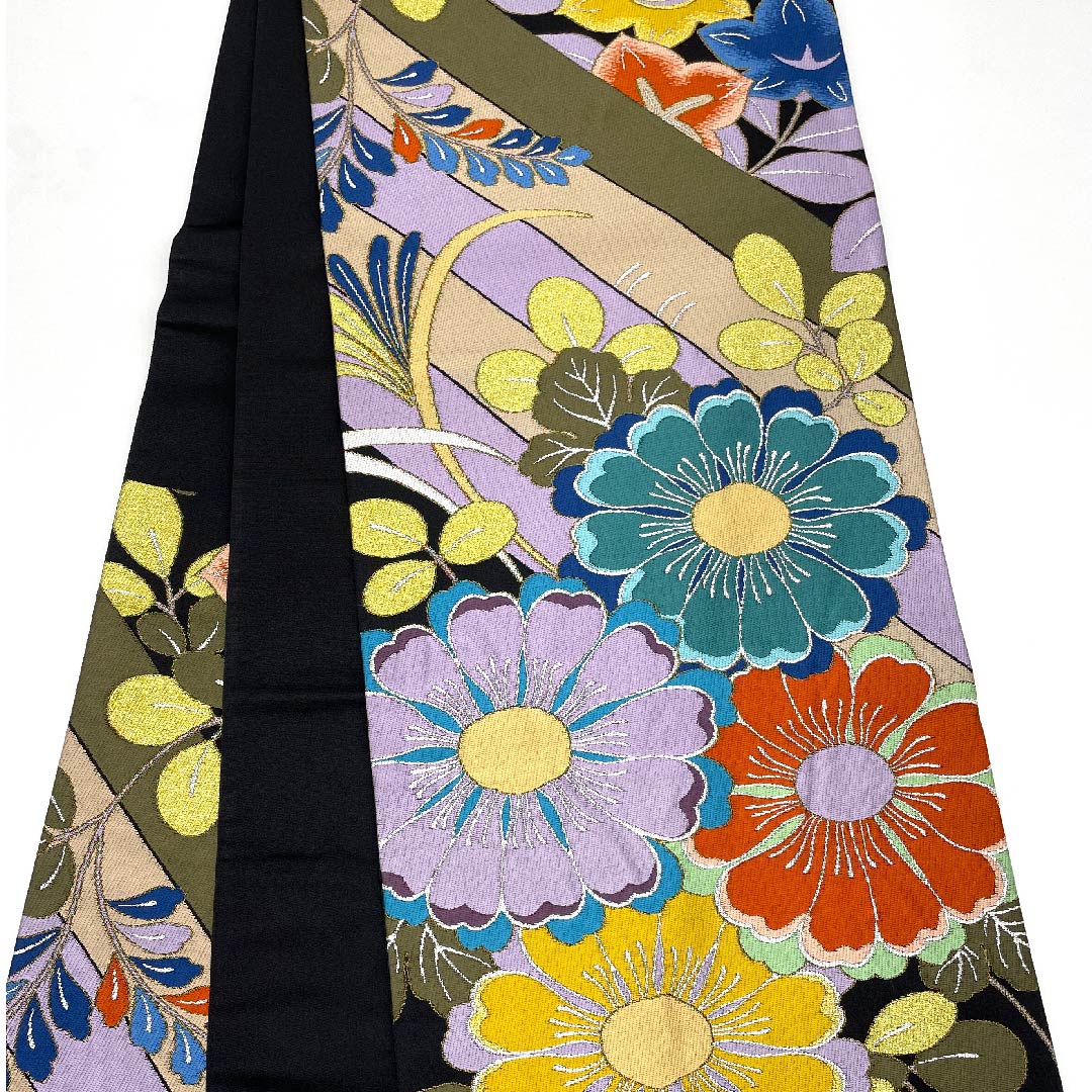 Formal black obi for furisode (long-sleeved kimono). Made by Hakuayaen Oba. Length: 442cm. Made of pure silk, S-rank. Six-fold hem. Product code: 1123007842310.