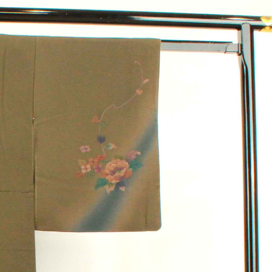 Homongi, pure silk, lined, length 157cm, sleeve length 64cm, yellow-black, floral pattern, A rank, green, 1112003023319