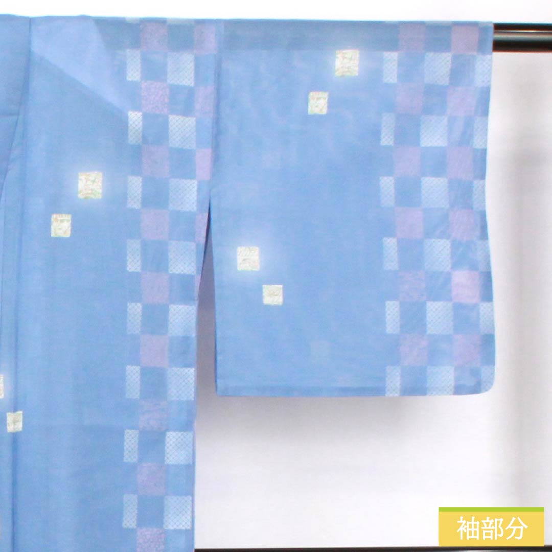 夏物 ポリエステル 小紋 身丈165cm 裄丈67.5cm 紺藤色(こんふじいろ) 市松模様 洗える着物 絽 Aランク 青系 1132002183517