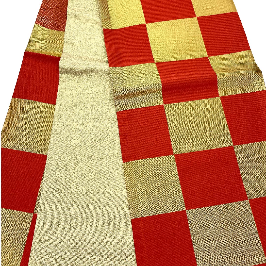 袋帯 金色 振袖用 市松 帯丈432cm 正絹 Aランク 六通 フォーマル 金系 1123006453321