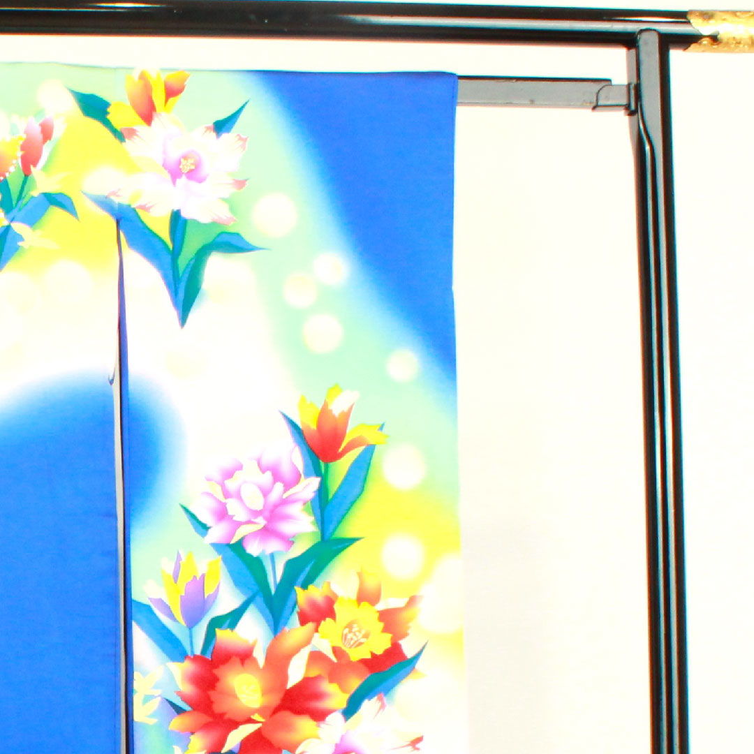 振袖 身丈176.5cm 裄丈64cm 袷 瑠璃色 花鳥模様 正絹 Bランク 紺系 1113001484818