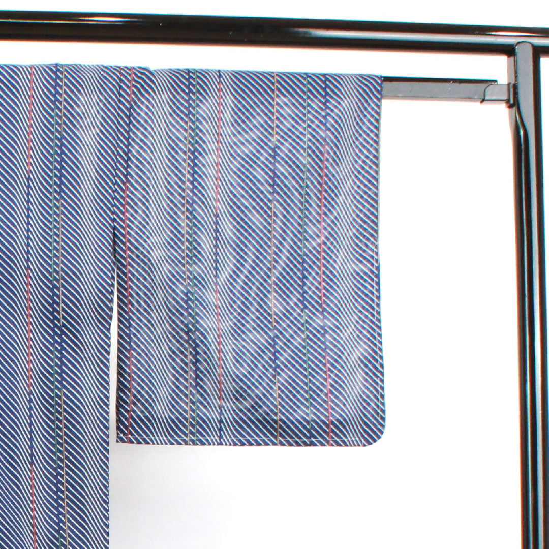 Summer kimono, polyester, small pattern, length 170.5cm, sleeve length 65cm, navy bellflower color, geometric pattern, washable kimono, with basting thread, silk, S rank, navy blue, 1132001552618