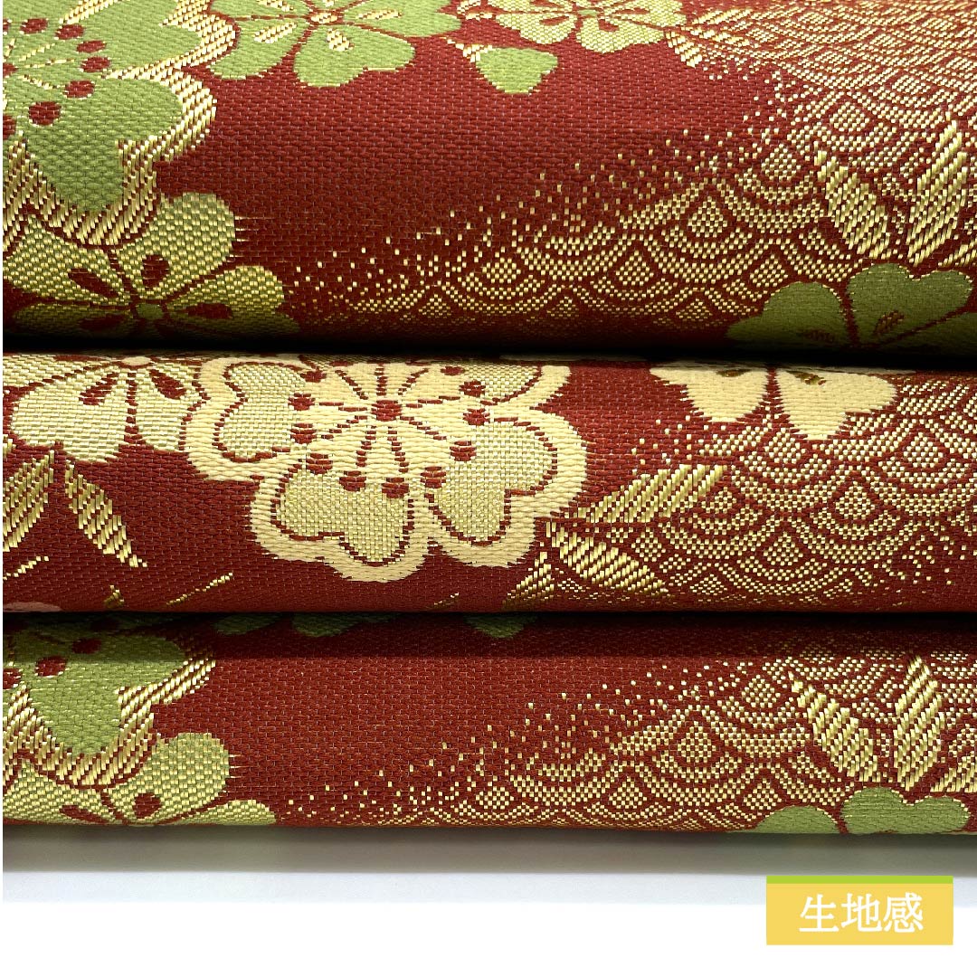 (未仕立)半幅帯 ポリエステル 海老赤色(えびあかいろ) 桜 花柄 青海波 古典柄 帯丈412cm 茶系 Sランク 1125001162414