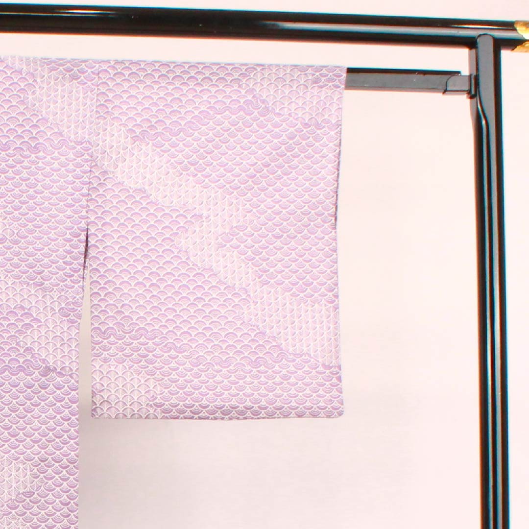 Summer polyester komon, length 157cm, sleeve length 62.5cm, half-color (hashitairo), Seigaiha, silk, S rank, purple, 1132000282320