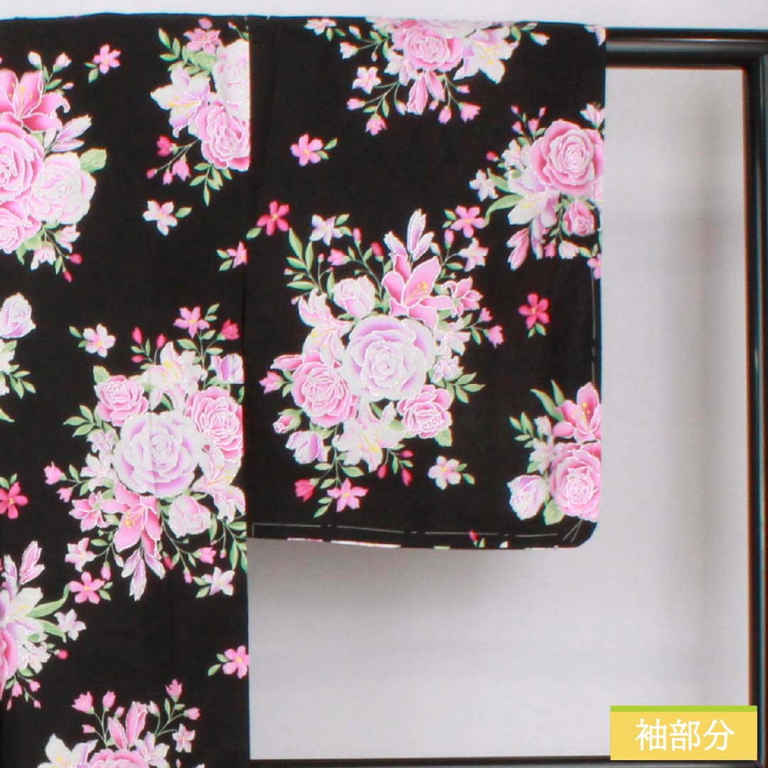 浴衣 木綿 身丈163cm 裄丈64.5cm Sランク 単衣 黒系 薔薇 ラメ 1118006062410