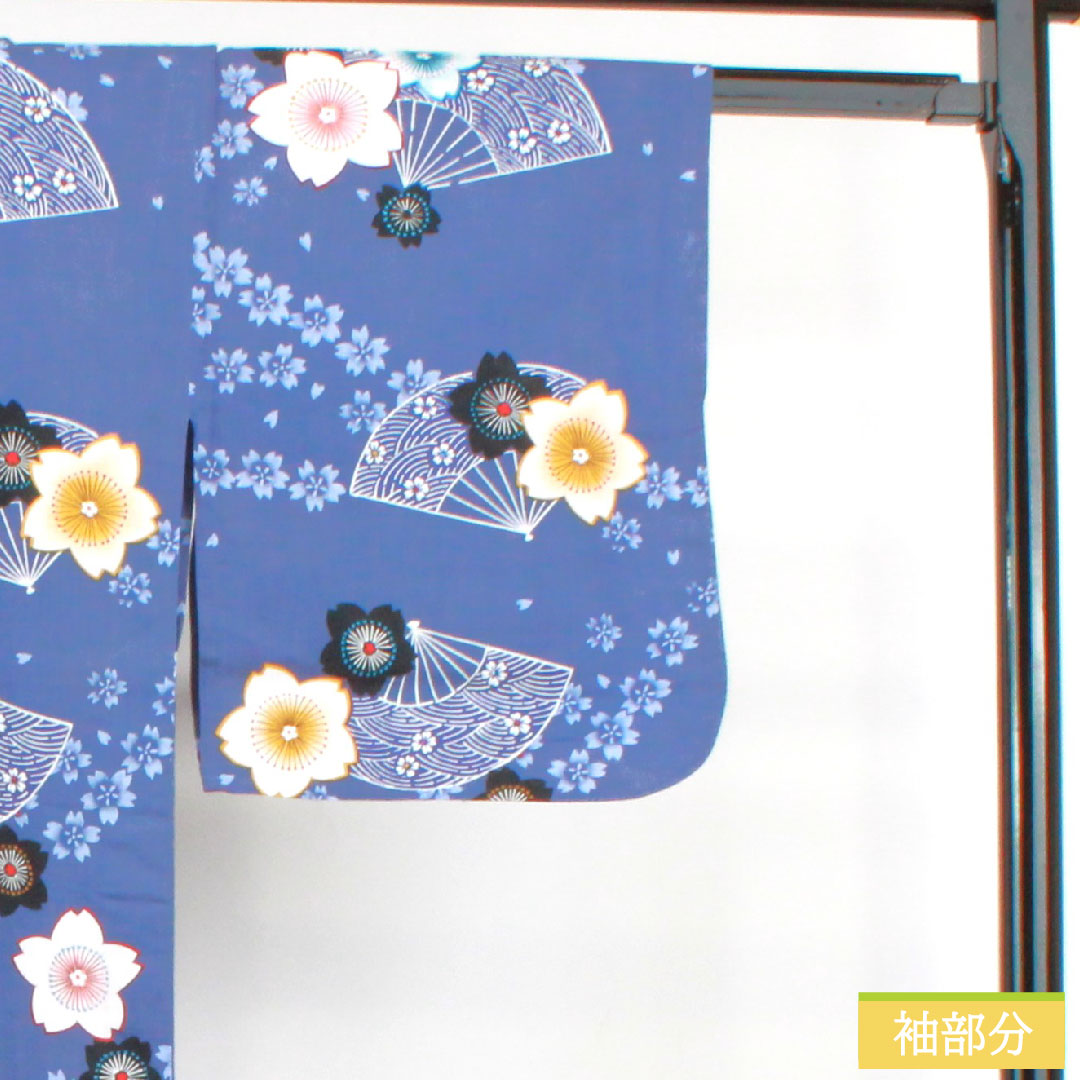 浴衣 木綿 身丈160cm 裄丈64cm Sランク 単衣 青系 江戸納戸色(えどなんどいろ) 桜 扇子 1118005192417