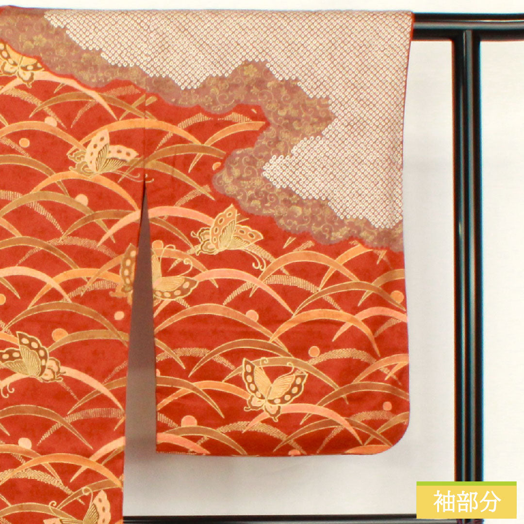 Homongi, pure silk, lined, length 163.5cm, sleeve length 64.5cm, Akatsuki Nezuiro, Kyo-Yuzen, butterfly, dew grass, S rank, brown, 1112004922414