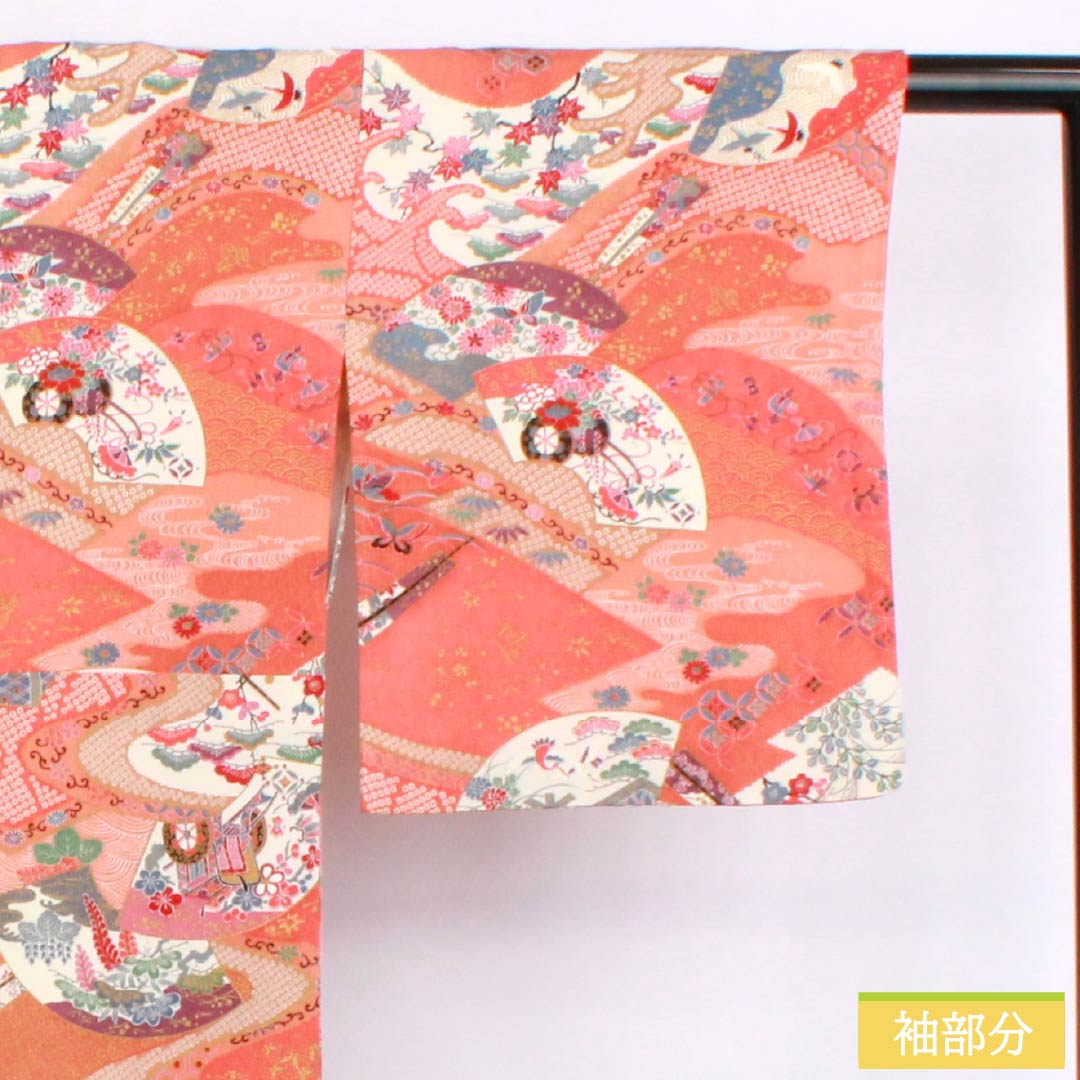 Komon silk kimono, S rank, length 159cm, sleeve length 66.5cm, lined, medium crimson (nakabeniiro) and scarlet (hiiro) with a fan-shaped classic pattern, red tones, product number 1115006672312