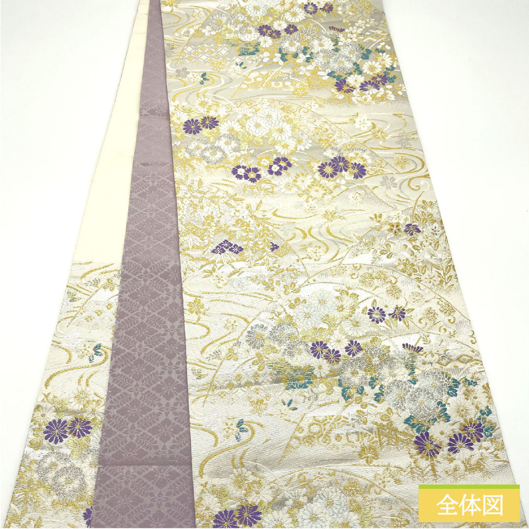 Fukuro Obi (Sash), Pure Silk, S-Rank, Nishijin-ori, Toyama Maki-e Design, Length 444cm, Six-Pass, Formal, Silver, Item Number 1123016982322
