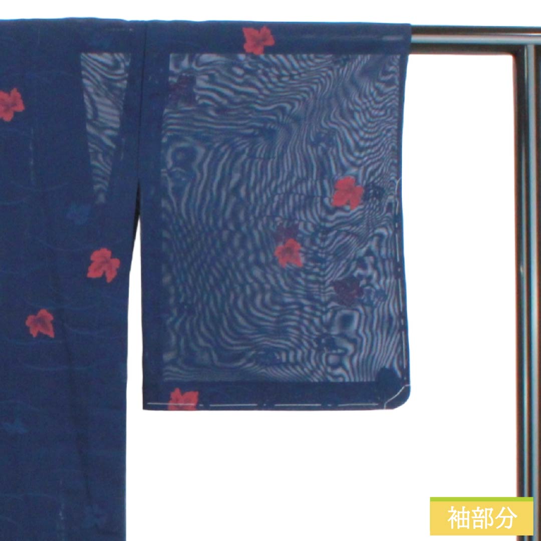 夏物 正絹 お召 Sランク 身丈161.5cm 裄丈64cm 紺色(こんいろ) 露芝 葉っぱ 紗 紺系 1132004342418