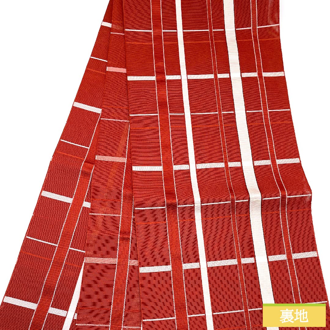 名古屋帯 濃紅葉色 夏帯 紗 格子 帯丈382cm 正絹 Sランク 全通 カジュアル 赤系 1124005552312 開き仕立て