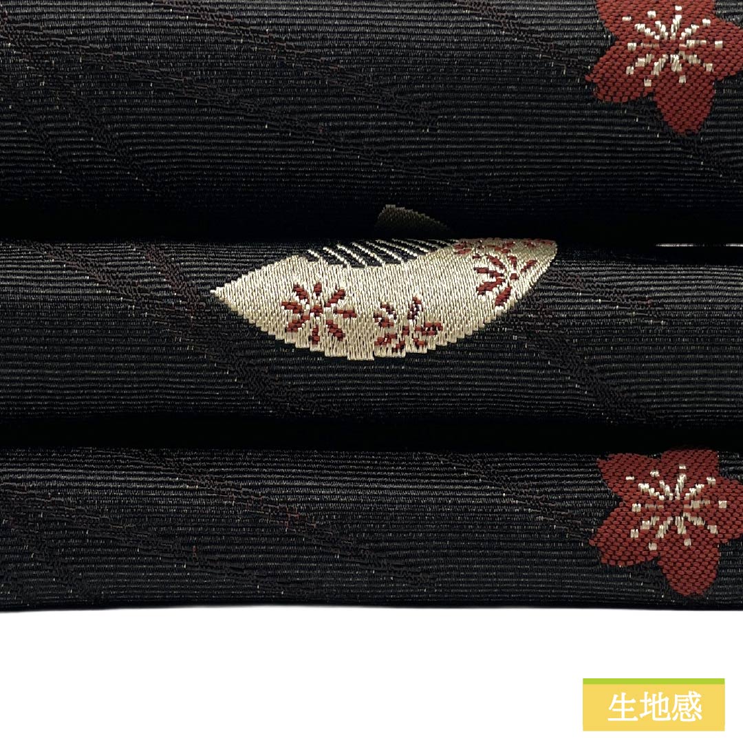 半幅帯 ポリエステル Aランク 黒色(くろいろ) 髪飾り 桜 広幅 帯丈397cm 黒系 1125005673310