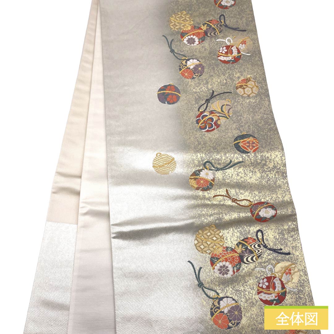 袋帯 正絹 Aランク 銀色(ぎんいろ) 引箔 入卒式 鈴 古典柄 帯丈442cm 六通 セミフォーマル 銀系 1123018473322