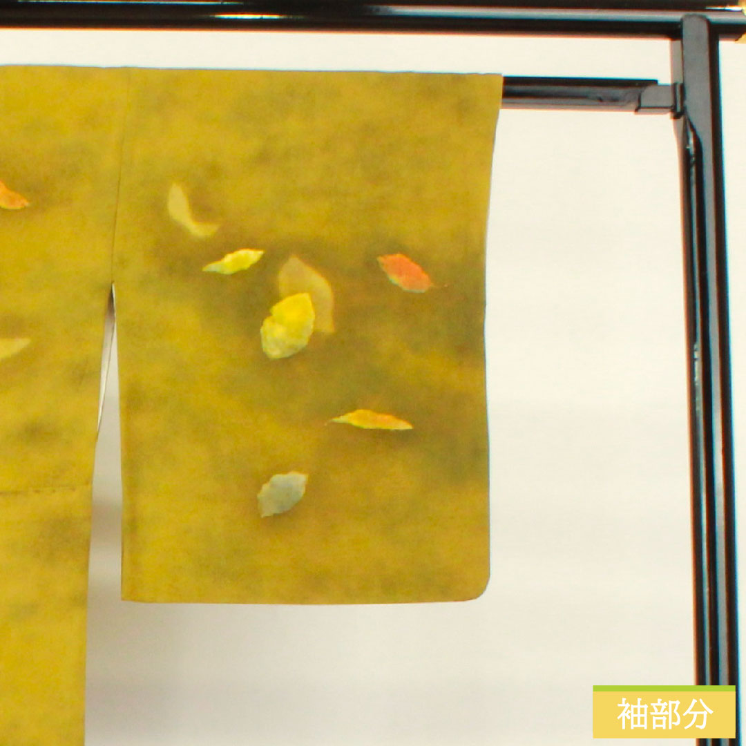 訪問着 正絹 袷 身丈157cm 裄丈66cm 青宣徳色(あおせんとくいろ) 濡れ描き 落葉模様 Aランク 緑系 1112004853319