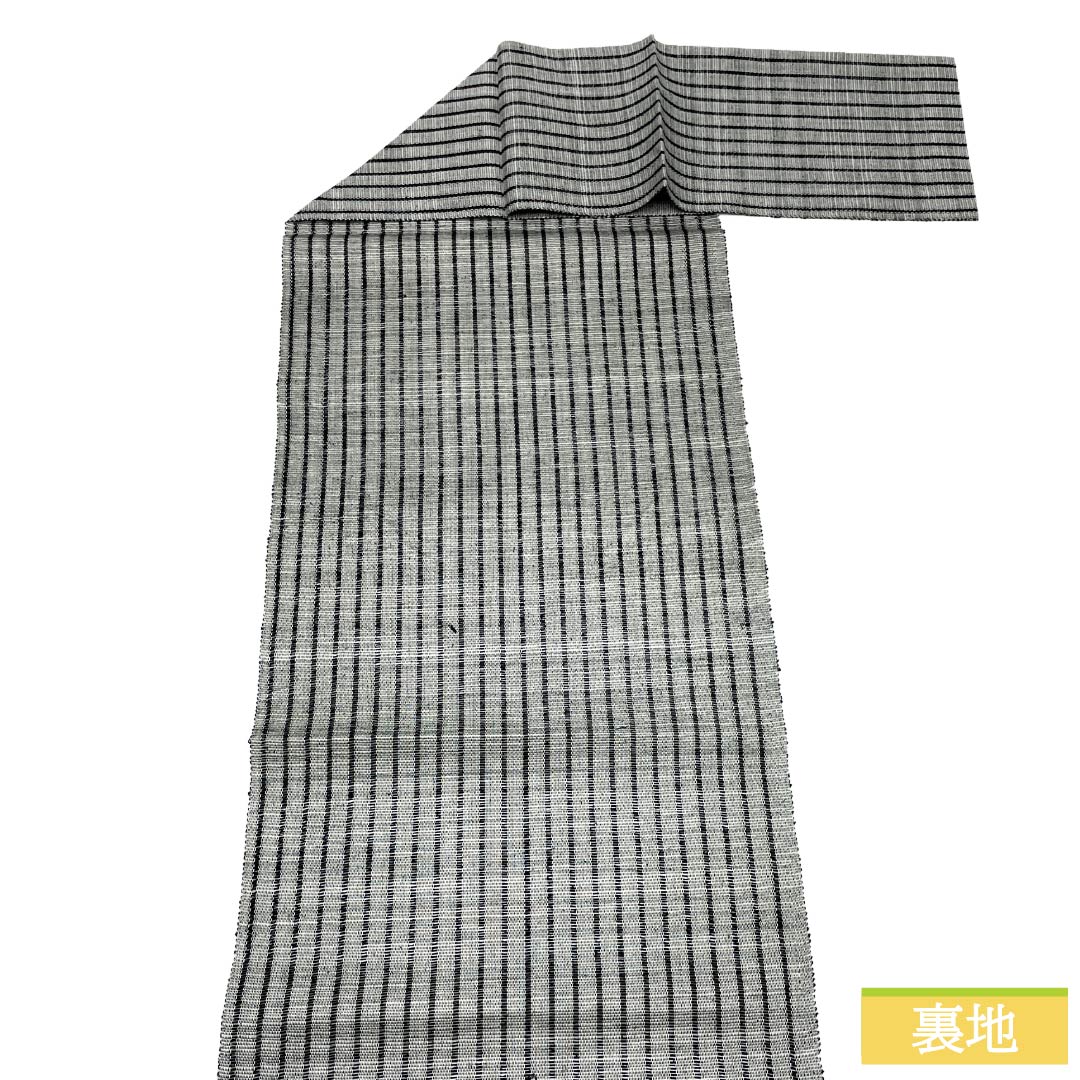 名古屋帯 正絹 Sランク 松葉仕立て 白鼠色(しろねずいろ) 縞 夏帯 モノトーン 帯丈380cm 全通 カジュアル グレー系 1124014412422
