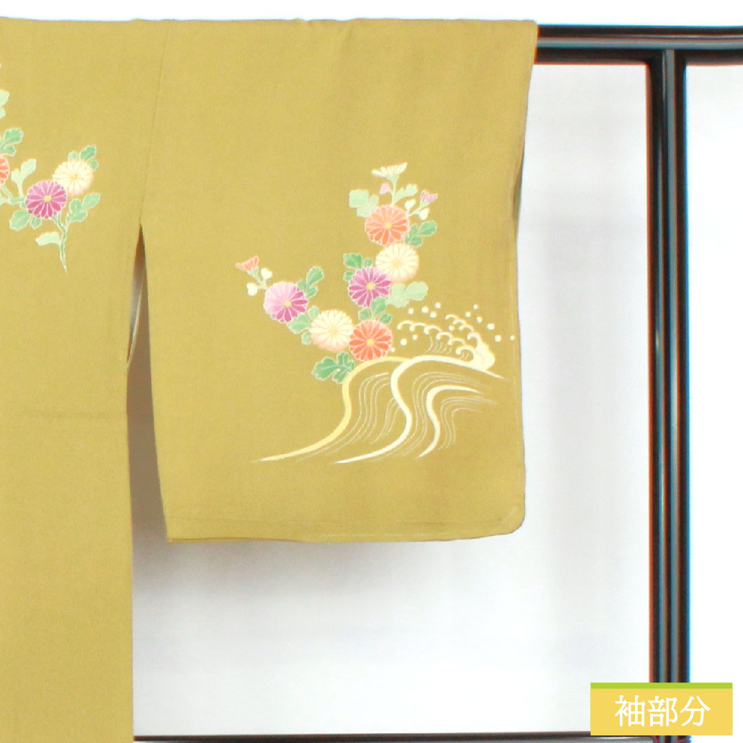 Homongi, pure silk, lined, length 155.5cm, sleeve length 67.5cm, Karakaneiro, Kyoto Yuzen, crepe, floral pattern, A rank, green, 1112005953319