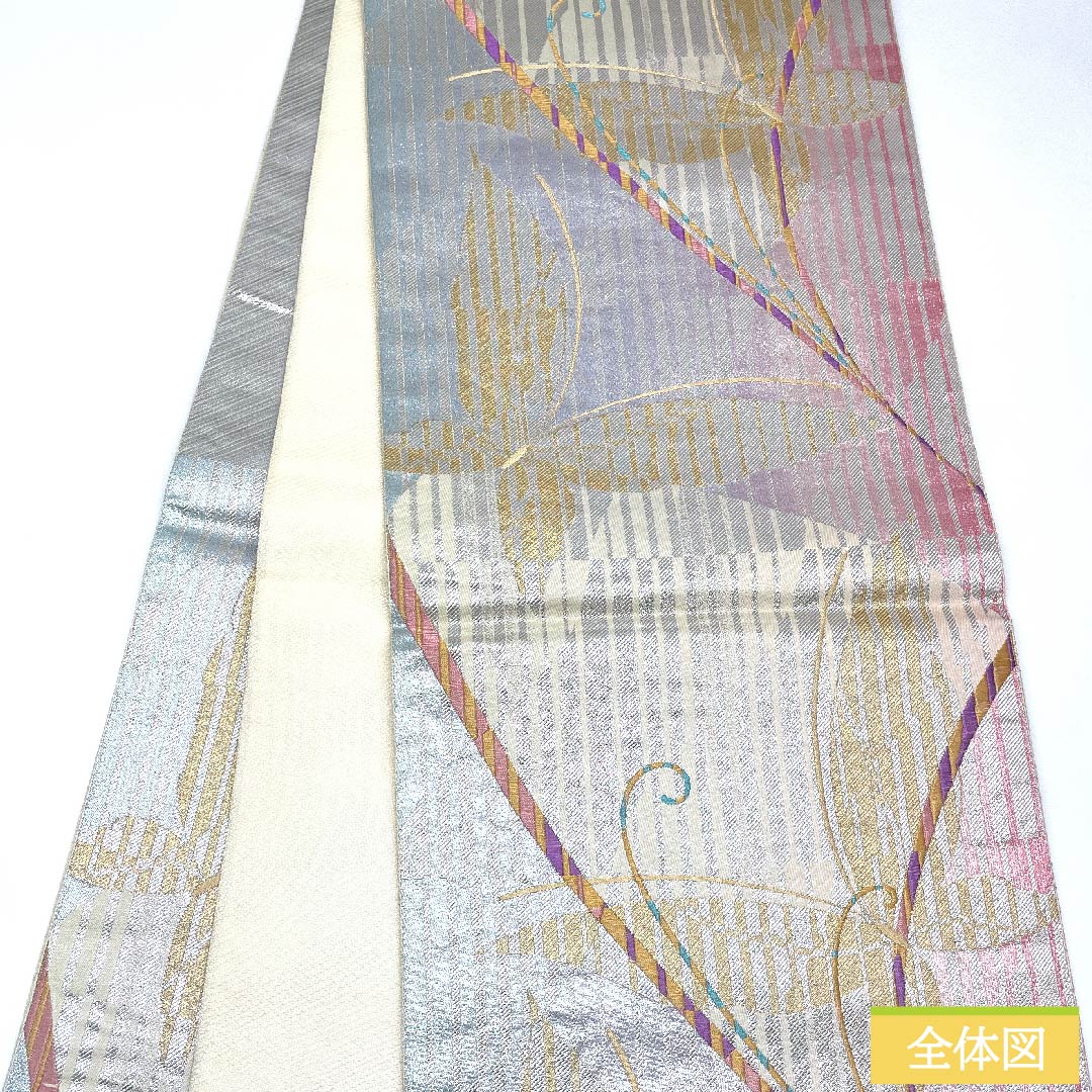 袋帯 銀色 蝶 帯丈428cm 正絹 Sランク 六通 フォーマル 銀系 1123009962322