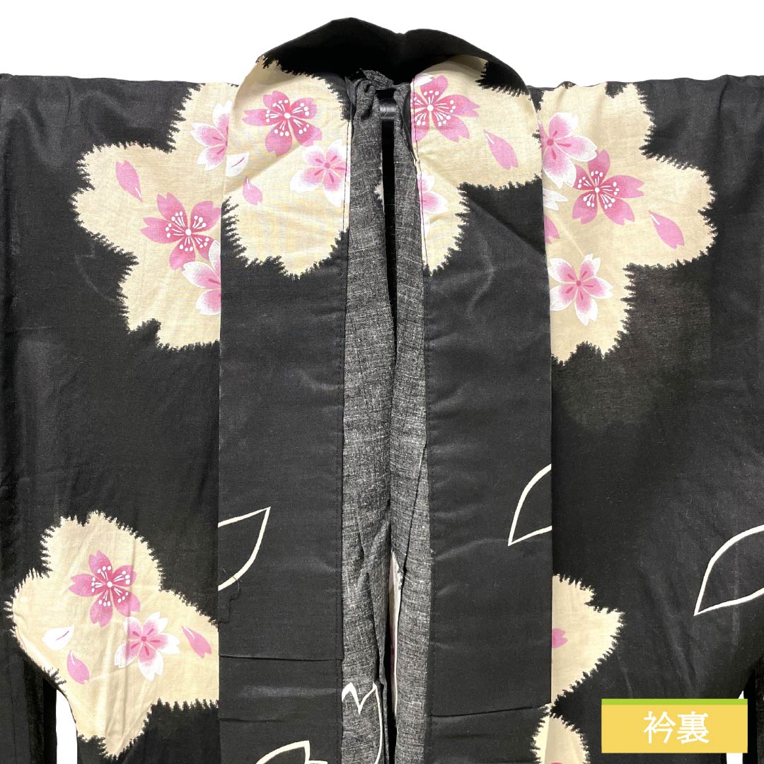 浴衣 木綿 Aランク 身丈163.5cm 裄丈66cm 桜 単衣 黒系 1118007453410