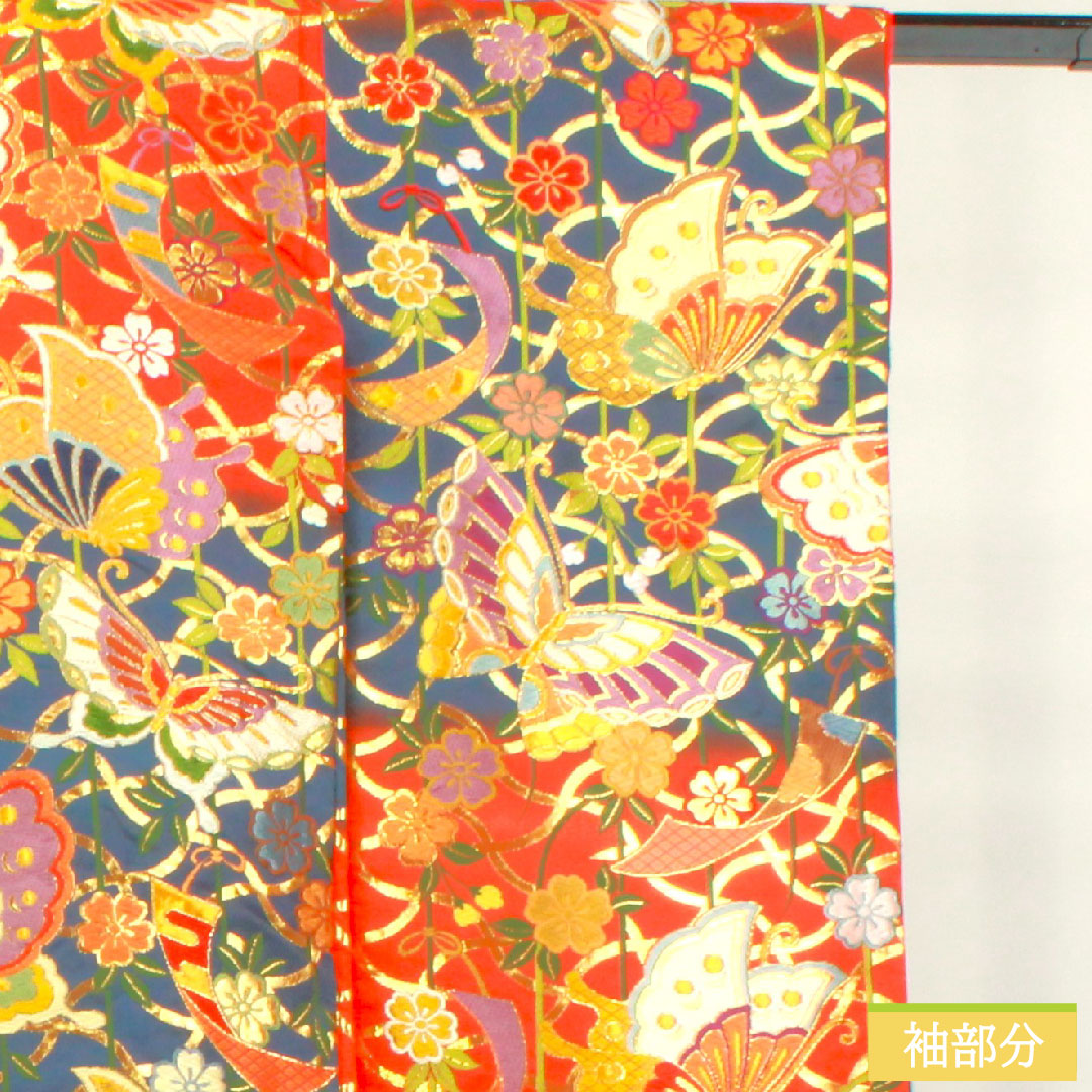 色打掛 正絹 身丈192cm 裄丈66cm 緋色(ひいろ) 唐織 蝶 草花模様 Sランク 袷 朱系 1110000872916