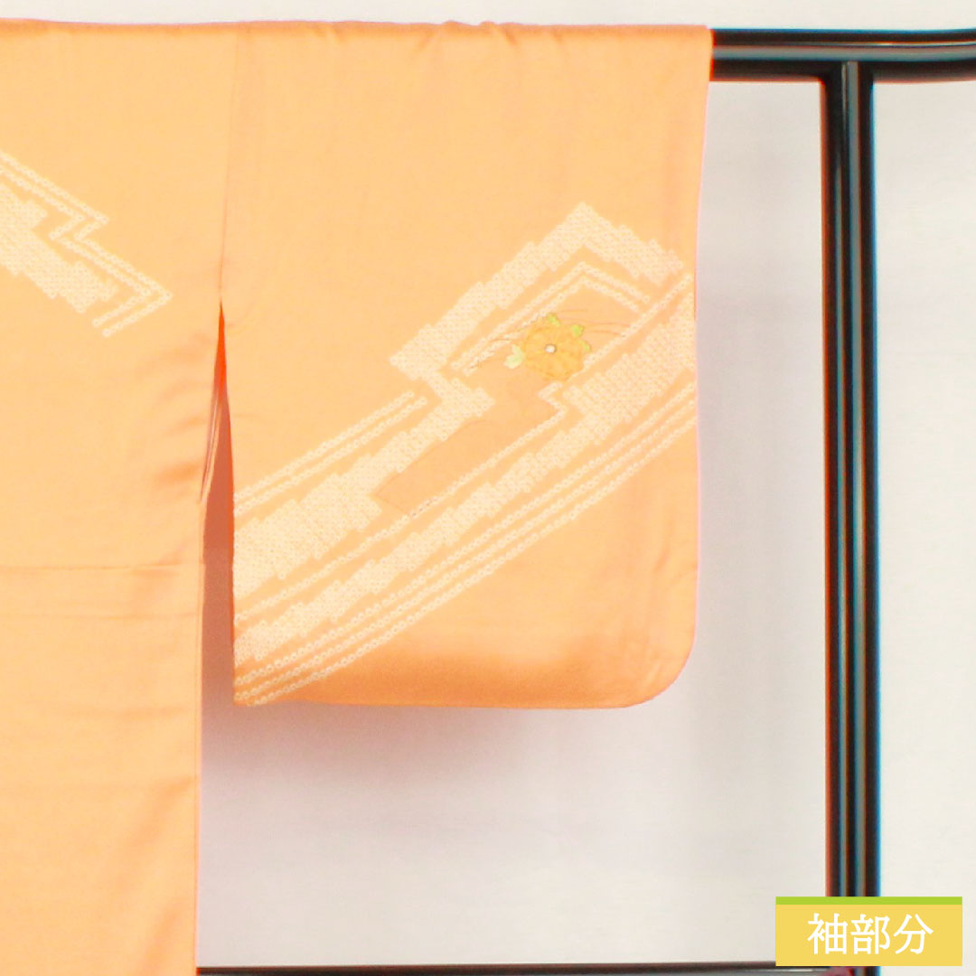 Homongi, pure silk, lined, length 154cm, sleeve length 64cm, vermilion, partially tie-dyed, partially embroidered, chrysanthemum, A rank, orange, 1112005403226