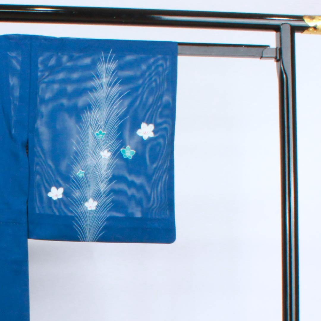 Summer polyester formal kimono, length 148.5cm, sleeve length 62.5cm, indigo blue, floral pattern, silk, S rank, navy blue, 1132000322118