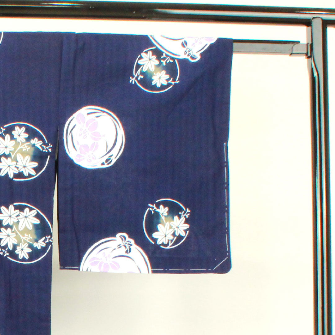 浴衣 しつけ糸付き 未使用品 濃紺色 菖蒲 木綿 Sランク 単衣 身丈166cm 裄丈67.5cm 紺系 1118002822518