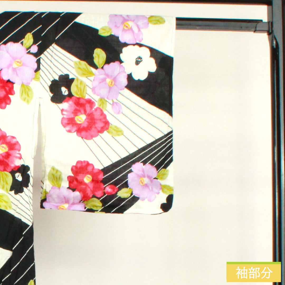 浴衣 木綿 身丈163.5cm 裄丈64cm Sランク 単衣 モノトーン 椿 1118005092427