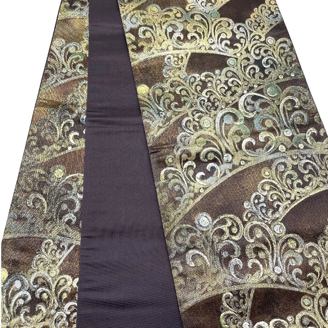 (未仕立)袋帯 憲房色(けんぼういろ) 金唐皮(きんからかわ) 抽象模様 帯丈478cm 正絹 Sランク 六通 フォーマル 茶系 1123006082414