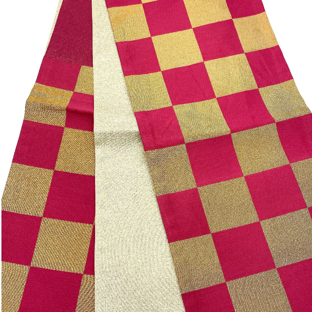 袋帯 金色 振袖用 市松 帯丈436cm 正絹 Aランク 六通 フォーマル 金系 1123006333321