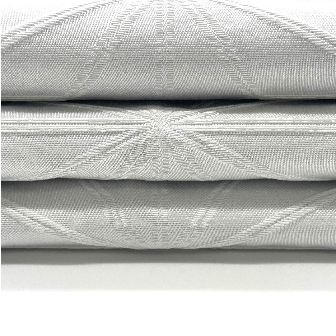 半幅帯 ポリエステル 鉛白色(えんぱくいろ) 青袋鼠色(せいたいねずいろ) 麻の葉 古典柄 リバーシブル 帯丈388cm 白系 Aランク 1125001203311