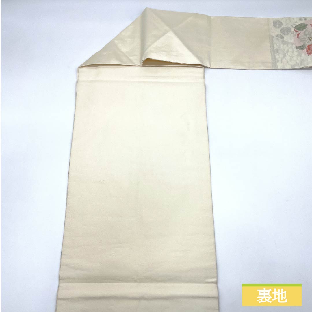 名古屋帯 乳白色色(にゅうはくしょくいろ) 唐花 菊 牡丹 帯丈350cm 正絹 Aランク ポイント柄 セミフォーマル クリーム系 1124008453315 名古屋仕立て