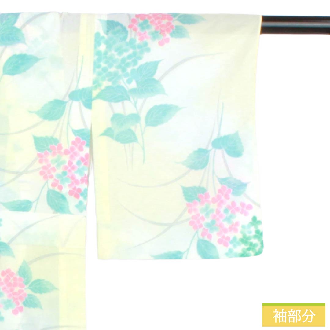 夏物 ポリエステル 小紋 Aランク 身丈159.5cm 裄丈63cm タタキ染 型染 紫陽花 洗える着物 絽 黄系 1132004943323