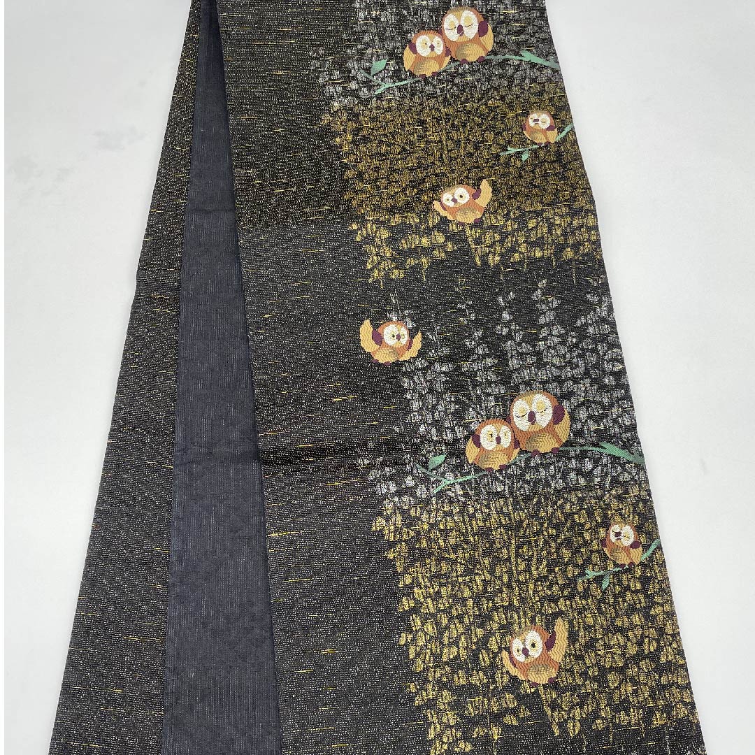 袋帯 黒色 ふくろう 帯丈434cm 正絹 Aランク 六通 カジュアル 黒系 1123008853310