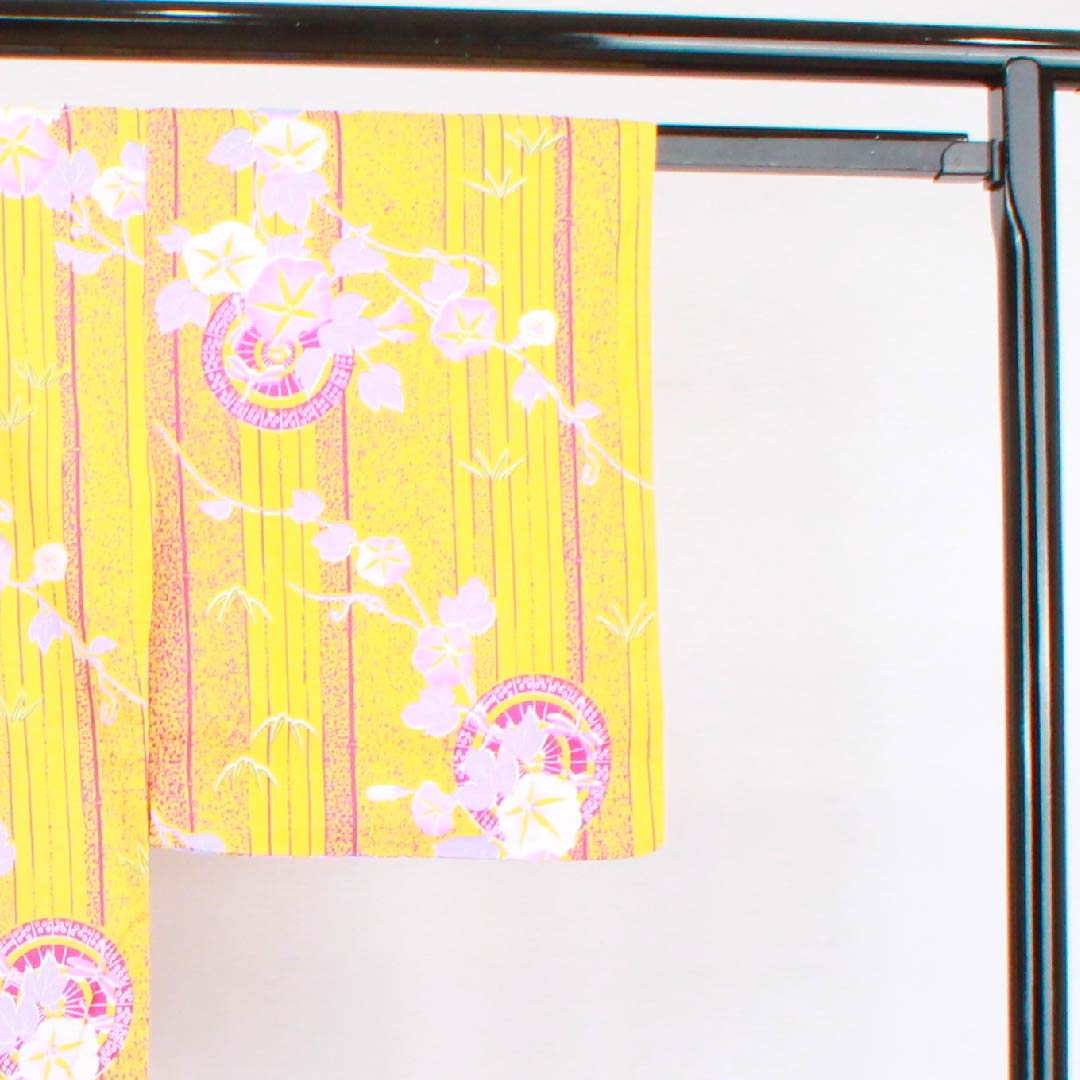 浴衣 卵色 朝顔 和傘 木綿 Sランク 単衣 身丈165cm 裄丈65cm 黄系 1118004022523