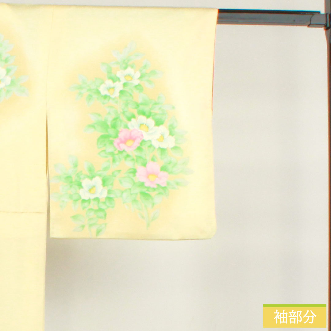 Homongi (formal kimono) made of polyester, lined, length 159.5cm, sleeve length 65cm, Torinoko color, washable, floral pattern, A rank, yellow, 1112004313323