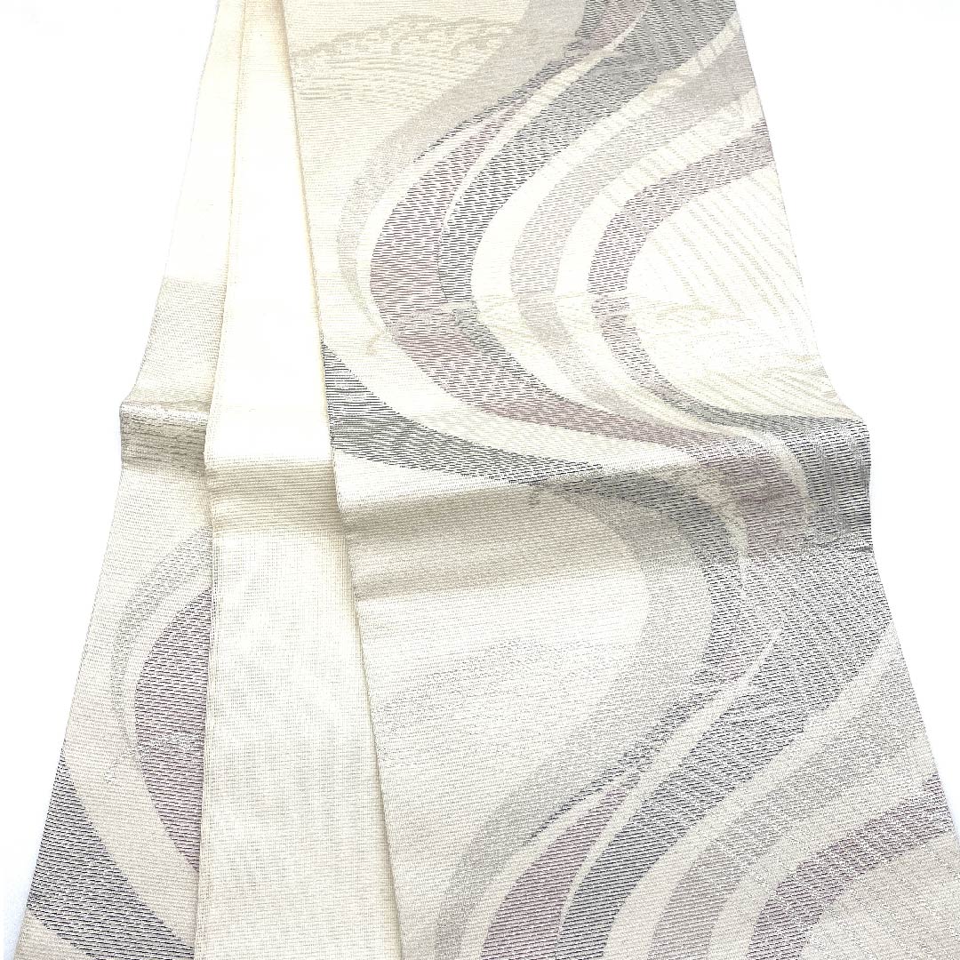 袋帯 乳白色色(にゅうはくしょくいろ) 夏帯 流水 波 帯丈436cm 正絹 Sランク 六通 セミフォーマル 白系 1123007472311