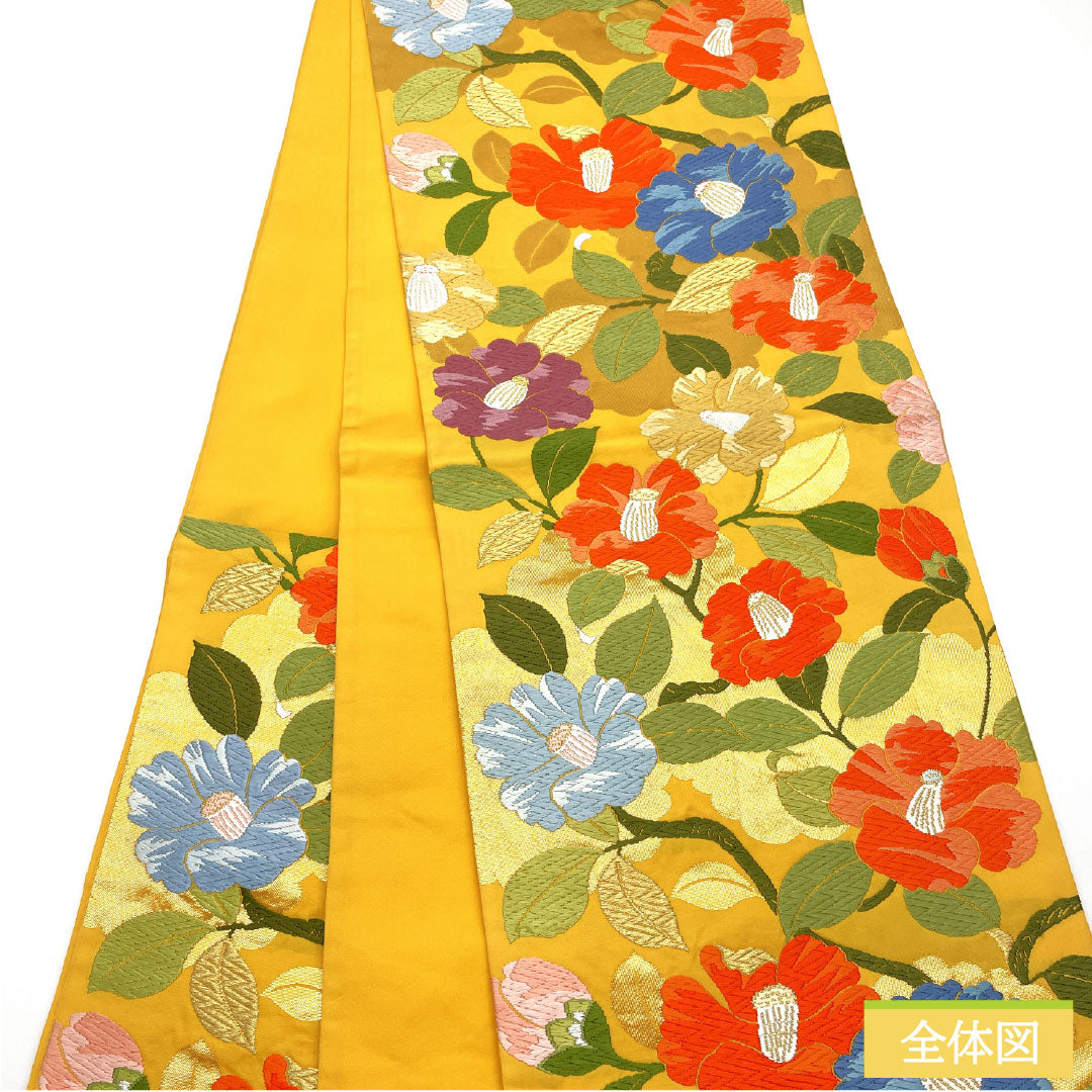 袋帯 正絹 Sランク 黄支子色(きくちなしいろ) 西陣織 唐織 椿 帯丈424cm 六通 フォーマル 黄系 1123017062323