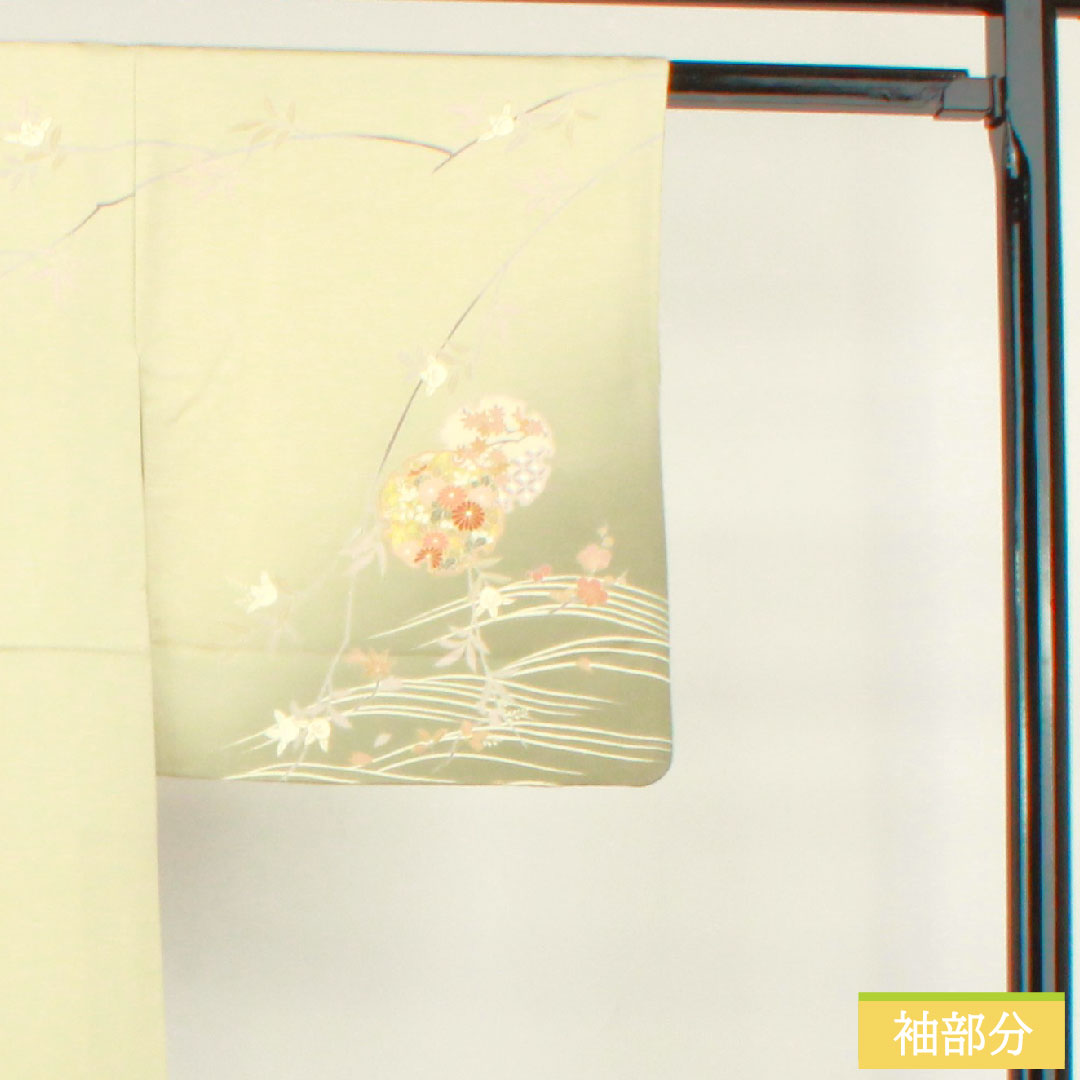訪問着 袷 身丈155cm 裄丈63cm 利休白茶色 京友禅 吉祥文様 正絹 Sランク 緑系 1112003902319