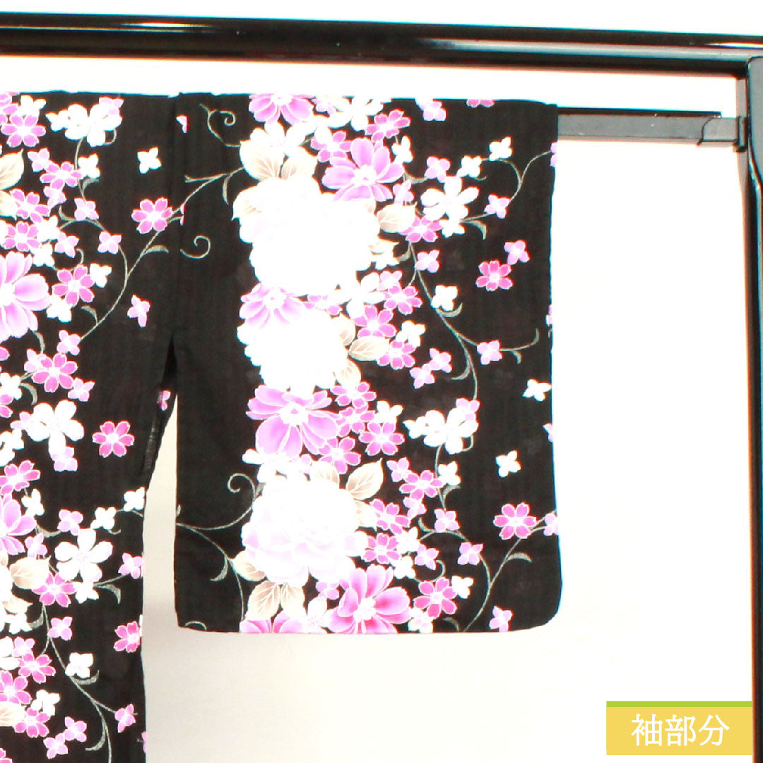 Yukata Cotton Length 165.5cm Sleeve length 64.5cm S rank Single layer Black Rose Cherry blossom 1118004512510
