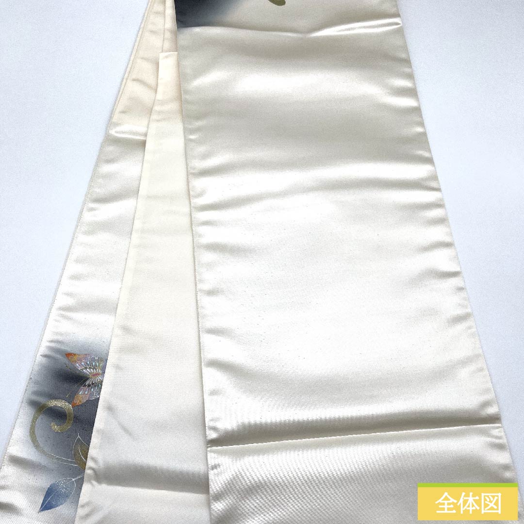 (未仕立)袋帯 正絹 胡粉色(ごふんいろ) 蝶 帯丈438cm Aランク ポイント柄 セミフォーマル 白系 1123011253311