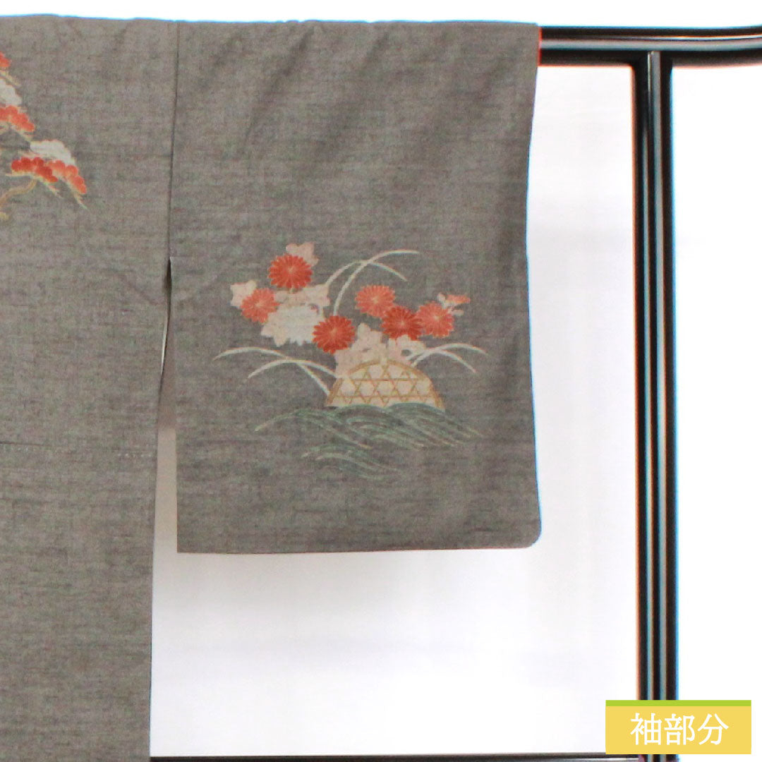 Homongi (formal kimono) made of pure silk, lined, length 160.5cm, sleeve length 63.5cm, Noshime-iro (wrapping color), pongee fabric, floral pattern, S rank, gray, 1112005442422