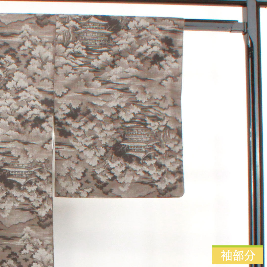 紬 正絹 身丈152cm 裄丈65cm 村山大島 風景模様 Sランク 袷 黒系 1116003382210