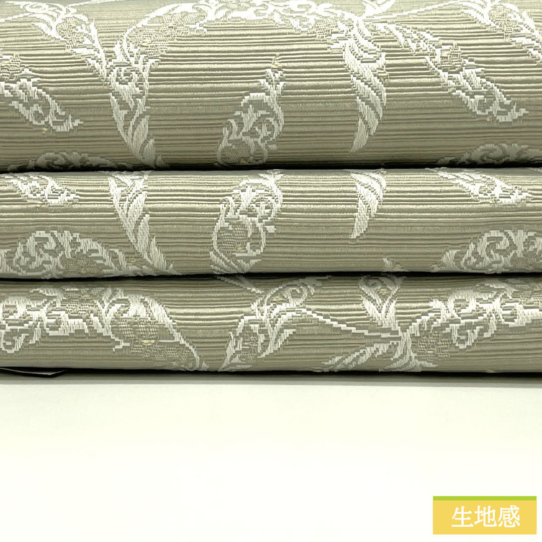 (新品)半幅帯 ポリエステル NEWランク 裏柳色(うらやなぎいろ) 早蕨色(さわらびいろ) 植物模様 花菱風 リバーシブル 帯丈400cm グレー系 1125002651422
