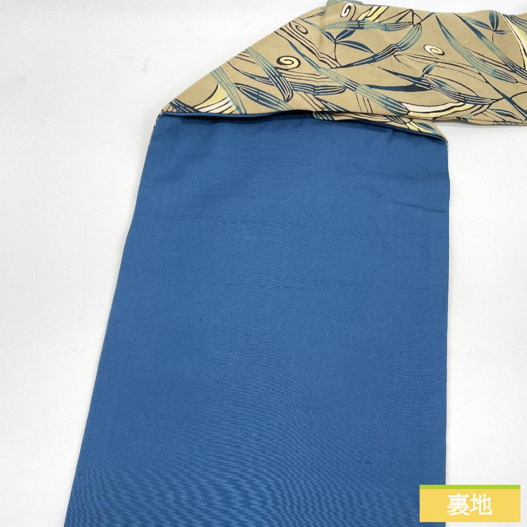 名古屋帯 亜麻色 琉球紅型 古典柄 笹 帯丈375cm 正絹 Sランク 六通 カジュアル 緑系 1124005342319 名古屋仕立て