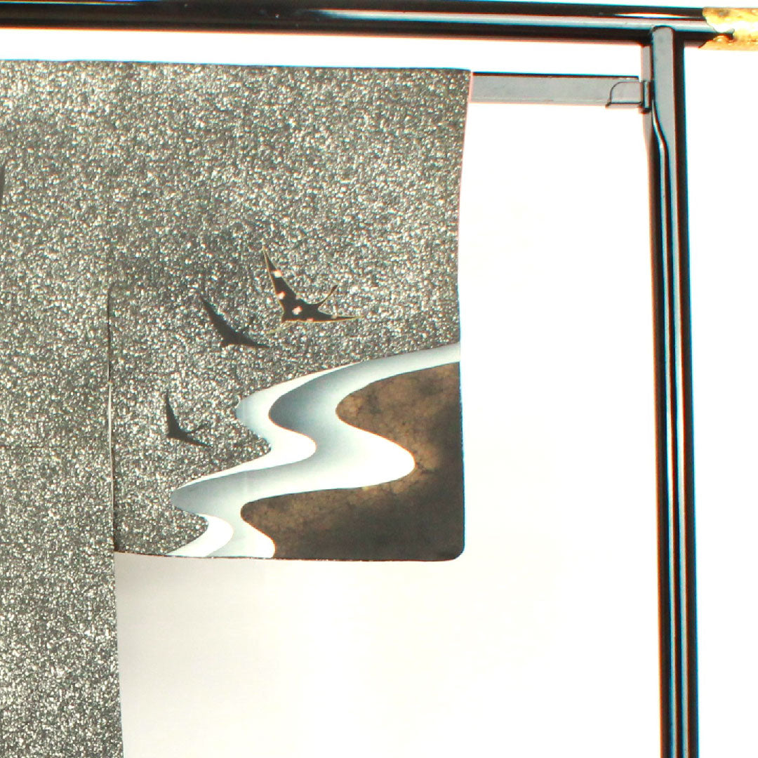 訪問着 袷 身丈165cm 裄丈65cm タタキ染 鶴 五三桐 正絹 Sランク 黒系 1112002592510