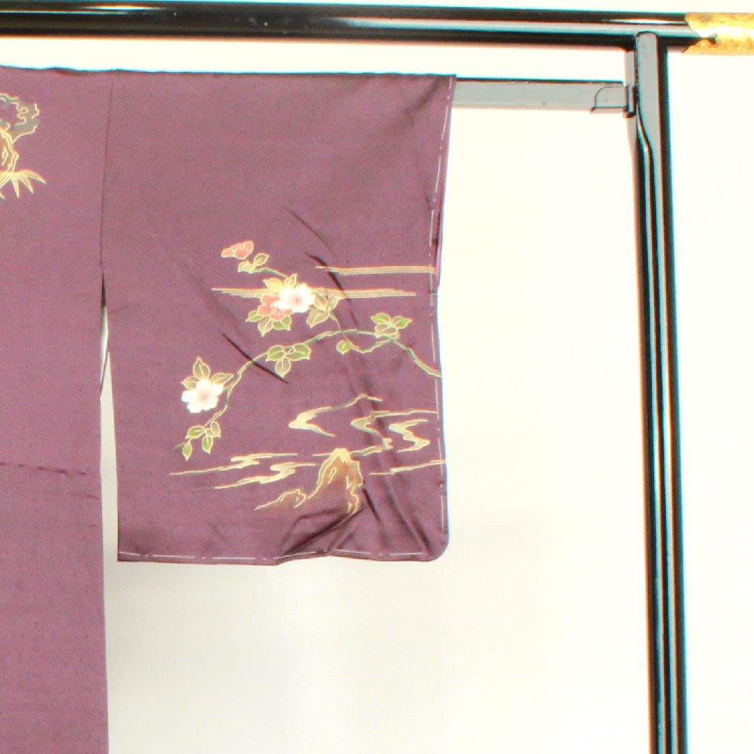 訪問着 袷 身丈160.5cm 裄丈65cm しつけ糸付き 深紫色 京友禅 草花模様 正絹 Aランク 紫系 1112002413420