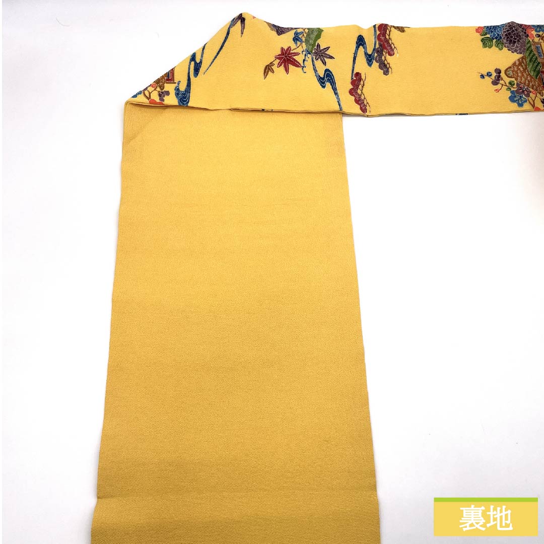名古屋帯 正絹 Aランク 卵色(たまごいろ) ちりめん地 京紅型 三越ちりめん 帯丈347cm 全通 カジュアル 黄系 1124009193323 名古屋仕立て