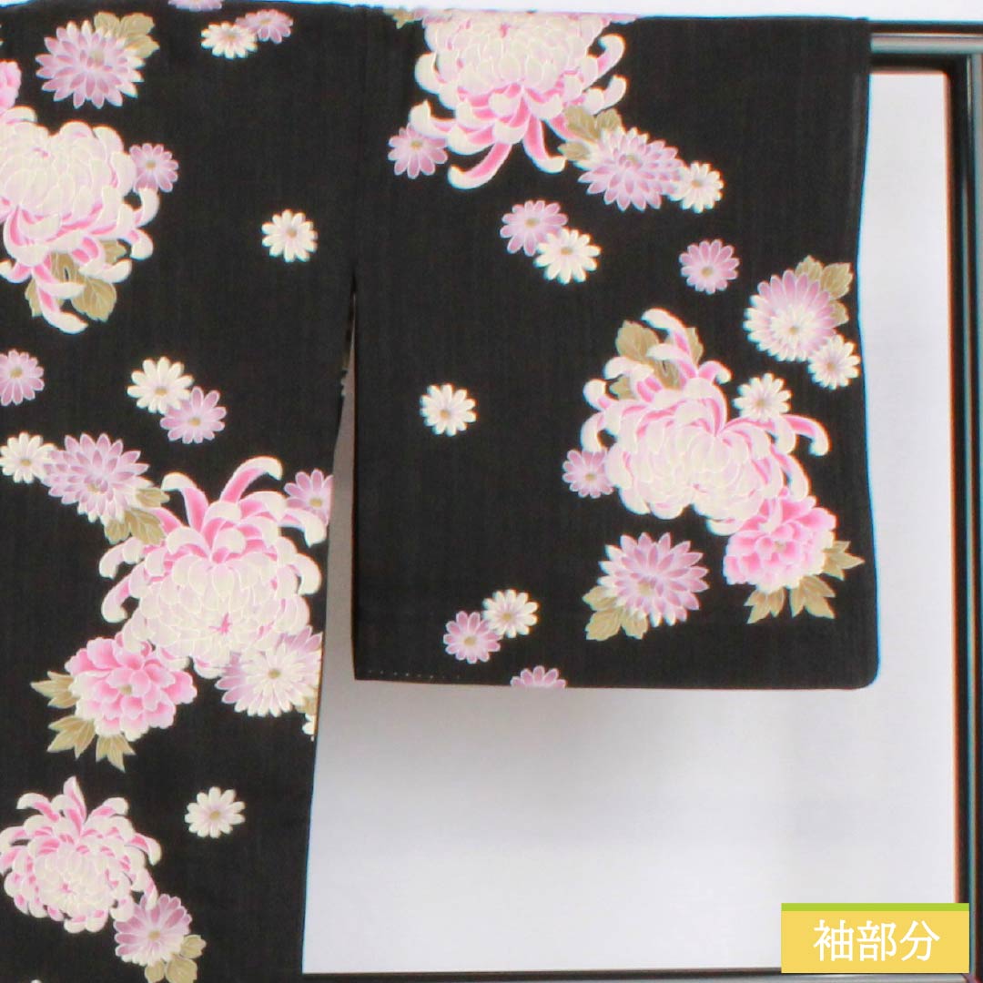 浴衣 木綿 身丈164cm 裄丈69.5cm Sランク 単衣 黒系 菊 1118006282410